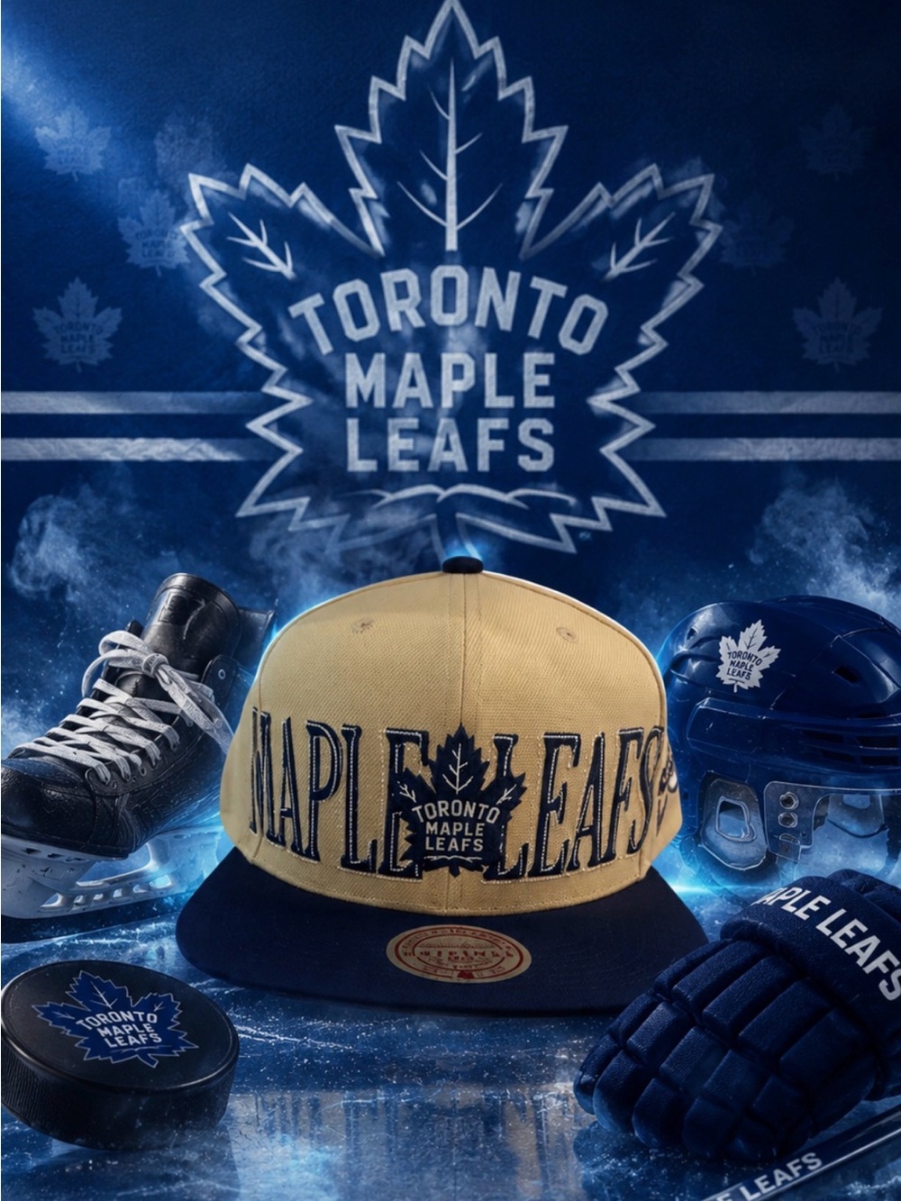 Toronto Maple Leafs Two-Tone Snapback Hat - Blue & Tan by Mitchell and Ness
